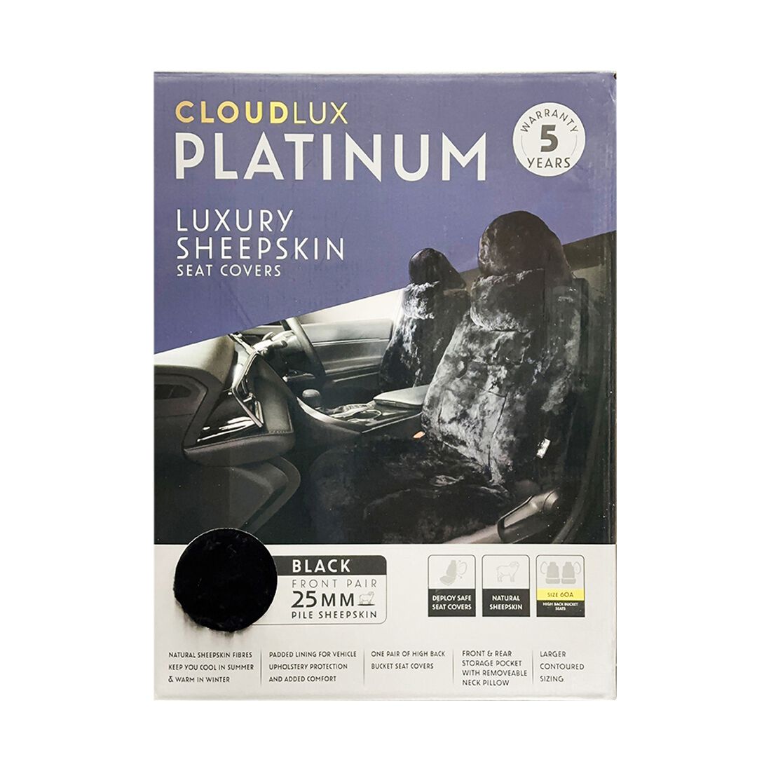 Platinum CLOUDLUX Sheepskin Seat Covers - Black Adjustable Headrests Size 60 Airbag Compatible, , scaau_hi-res
