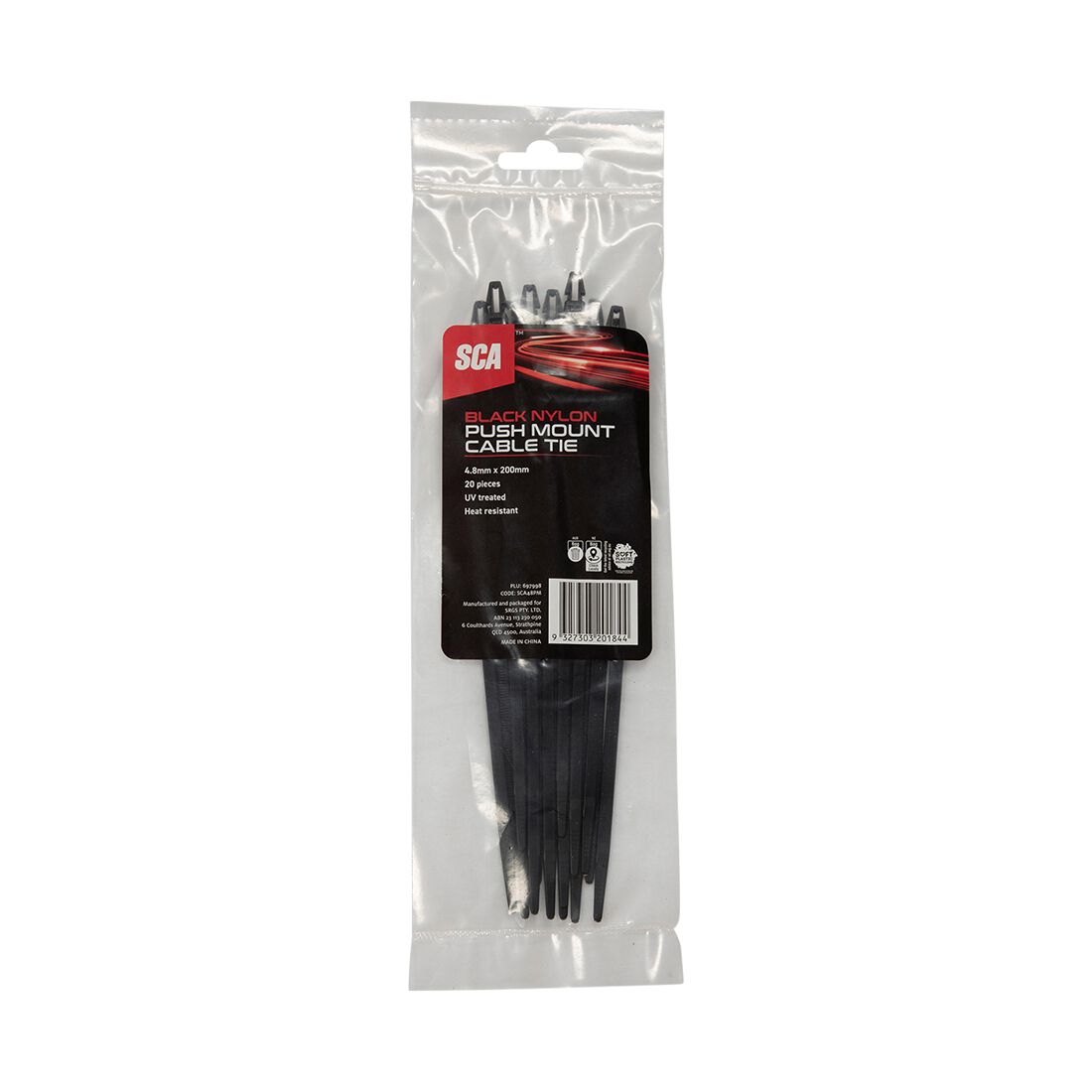 SCA Push Mount Ties Pack of 20, 200 x 4.8mm, Black, , scaau_hi-res