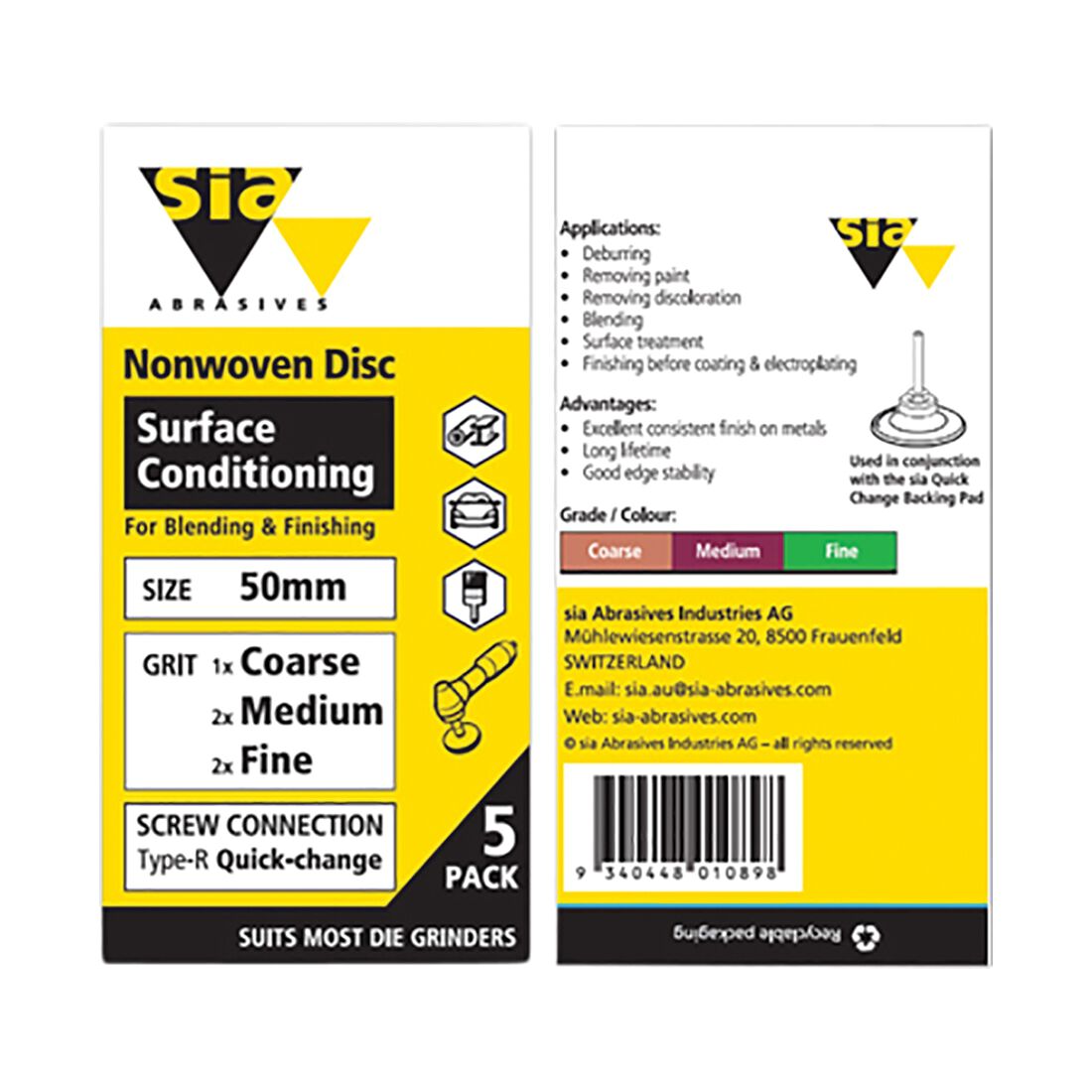 SIA Abrasives Non Woven Disc 50mm, 2820 Series, Quick Change Mixed, 5 Pack, , scaau_hi-res