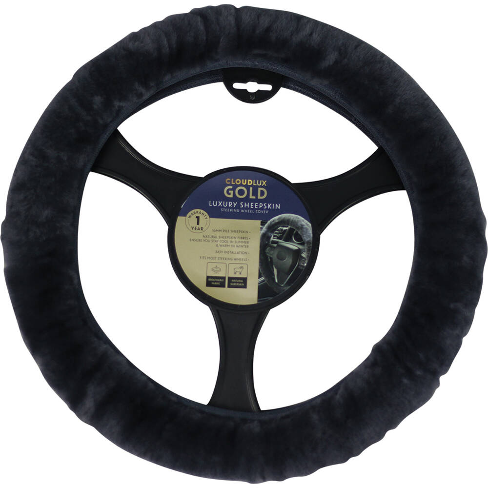 CLOUDLUX Steering Wheel Cover - Sheepskin, Charcoal, 380mm diameter product image