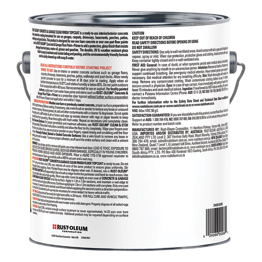 Rustoleum Garage Floor Paint, Topcoat Clear 3.78 Litre Supercheap Auto