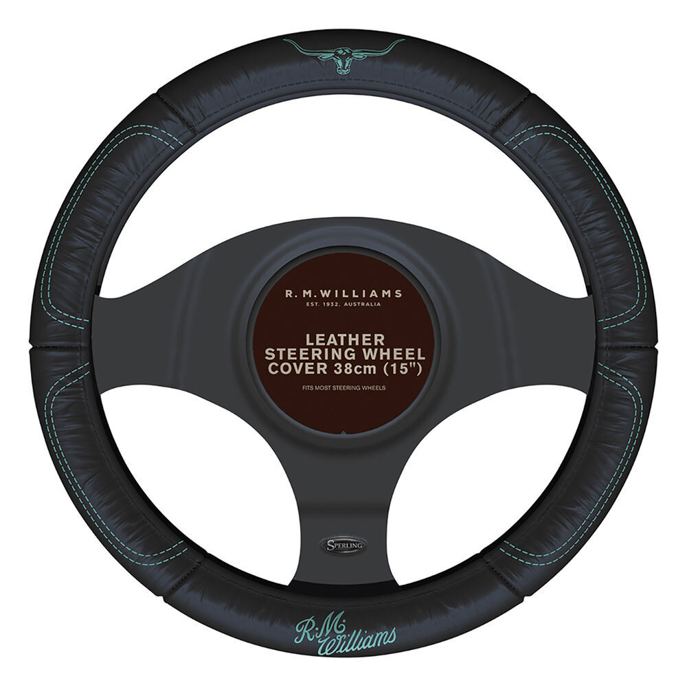 R.M.Williams Aqua Steering Wheel Cover Leather Black/Aqua 380mm Diameter Supercheap Auto