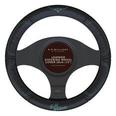 R.M.Williams Aqua Steering Wheel Cover Leather Black/Aqua 380mm Diameter, , scaau_hi-res