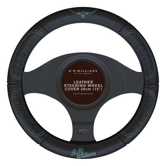R.M.Williams Aqua Steering Wheel Cover Leather Black/Aqua 380mm Diameter, , scaau_hi-res