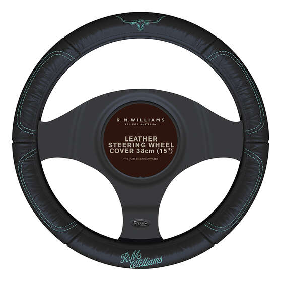 R.M.Williams Aqua Steering Wheel Cover Leather Black/Aqua 380mm Diameter, , scaau_hi-res