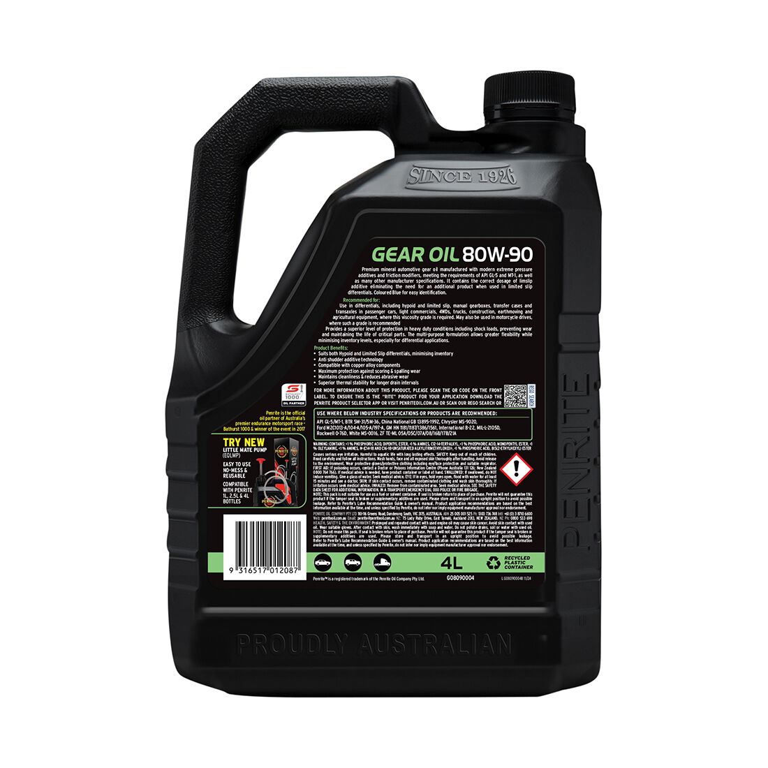Penrite Premium Mineral Gear Oil - 80W-90 4 Litre, , scaau_hi-res