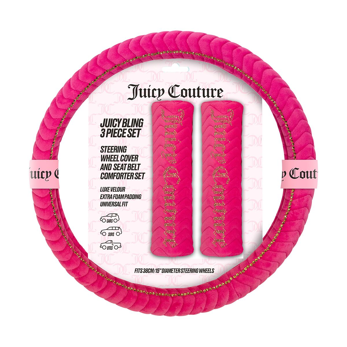 Juicy Couture Juicy Bling Steering Wheel Cover & Seat Belt Comforters Combo - Pink/Gold, , scaau_hi-res