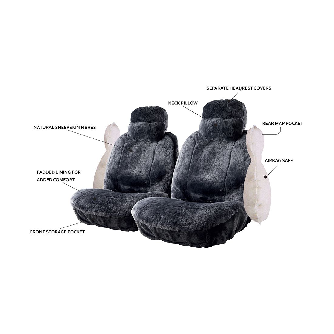 Platinum CLOUDLUX Sheepskin Seat Covers - Slate Adjustable Headrests Size 30 Front Pair Airbag Compatible, , scaau_hi-res