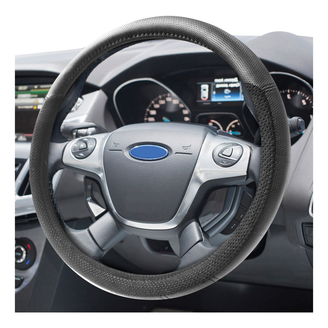 Dickies Premium Leather Look & Suede Steering Wheel Cover Black 380mm Diameter, , scaau_hi-res