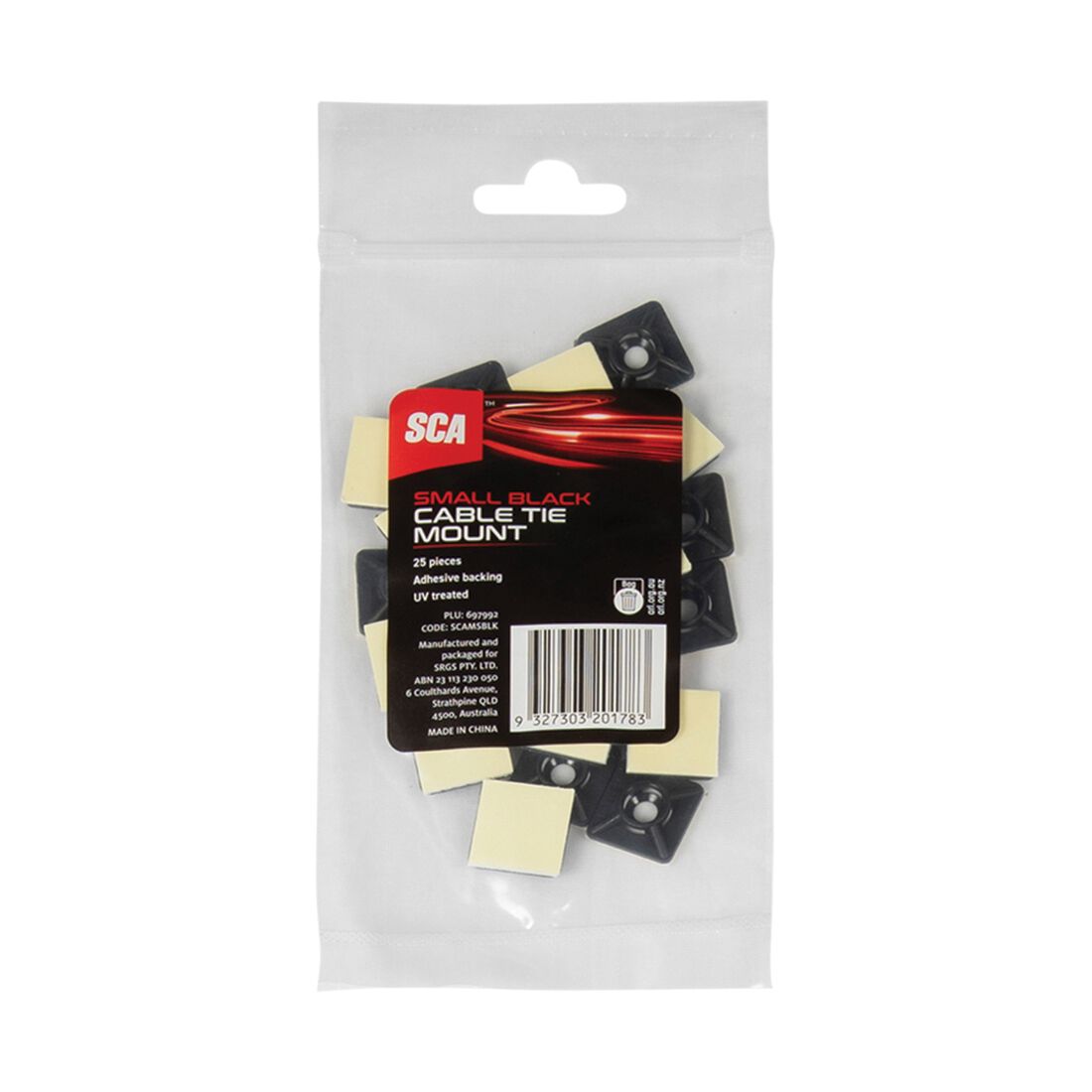 SCA Cable Tie Mounts Small 19mm x 19mm, Pack of 25, Black, , scaau_hi-res