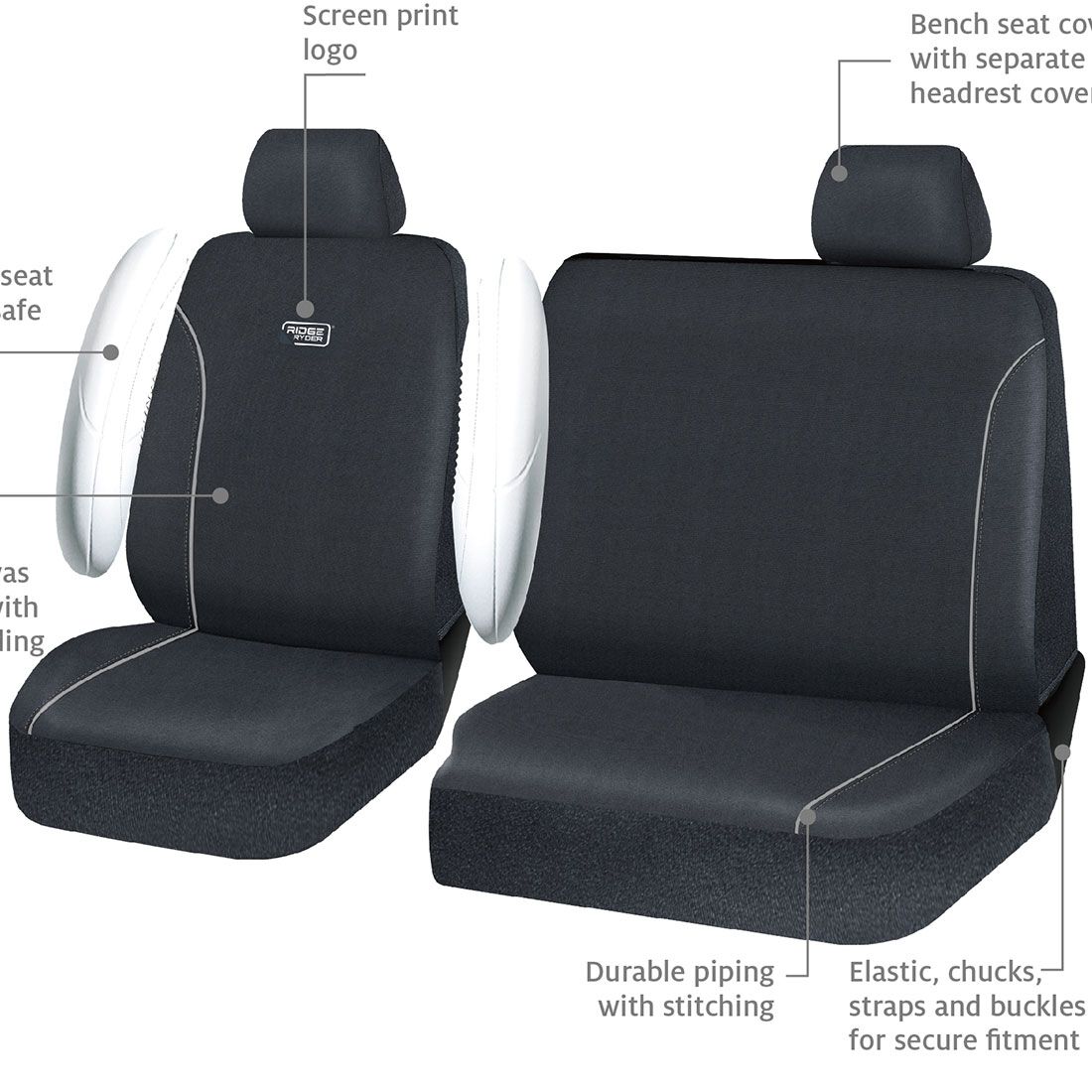 Ridge Ryder Canvas Piping Seat Covers Black/Grey 401SAB, , scaau_hi-res