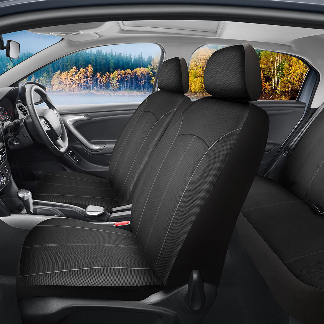 SCA Mesh Seat Cover Pack Black Adjustable Headrests Front Pair & Rear Bench, , scaau_hi-res