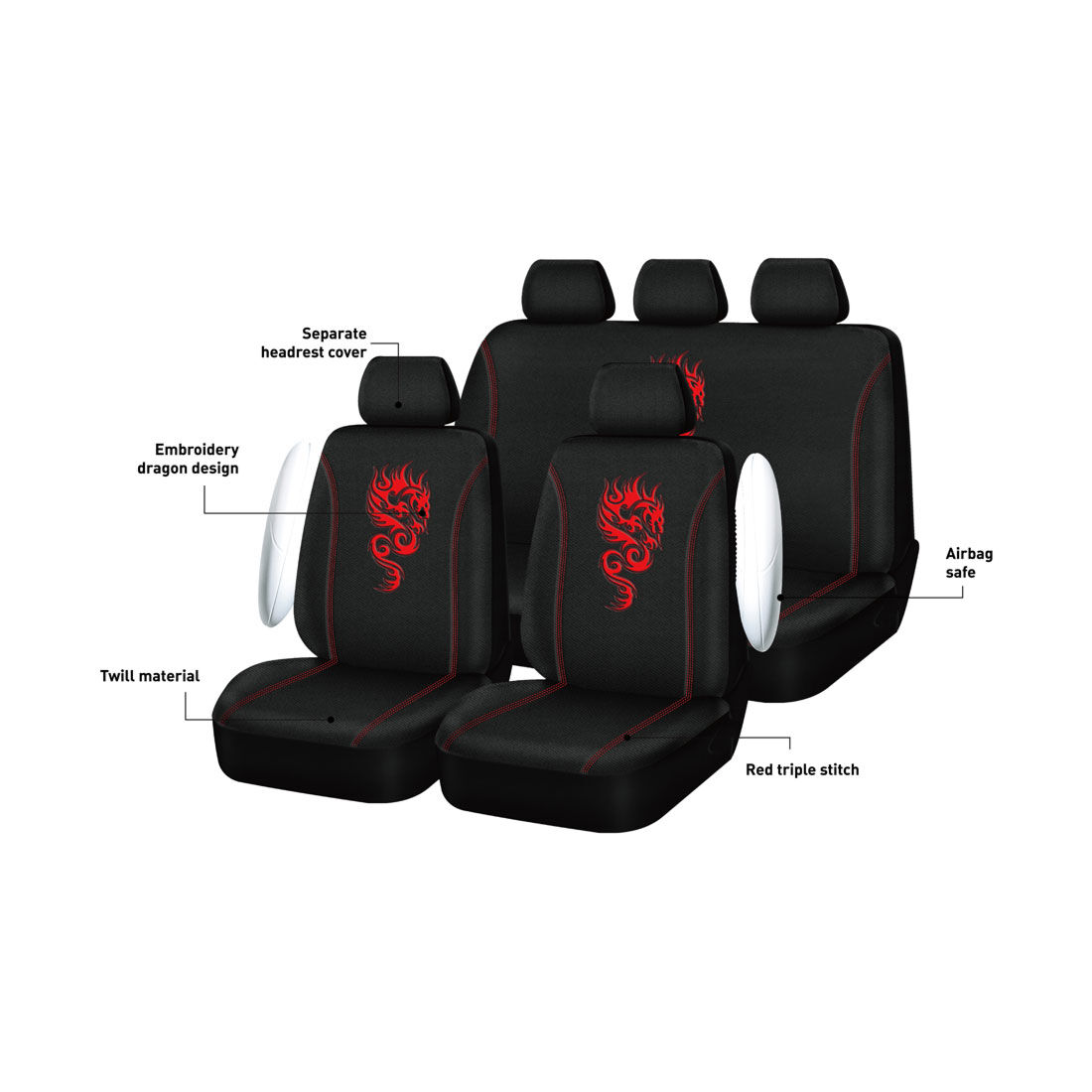 SCA Dragon Seat Cover Pack Red Adjustable Headrests Airbag Compatible 30&06H SAB, , scaau_hi-res