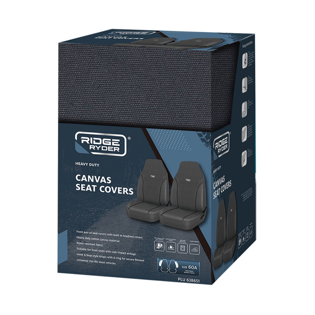 Ridge Ryder Canvas Seat Covers Charcoal/Black Piping Built-In Headrests Airbag Compatible 60SAB, , scaau_hi-res