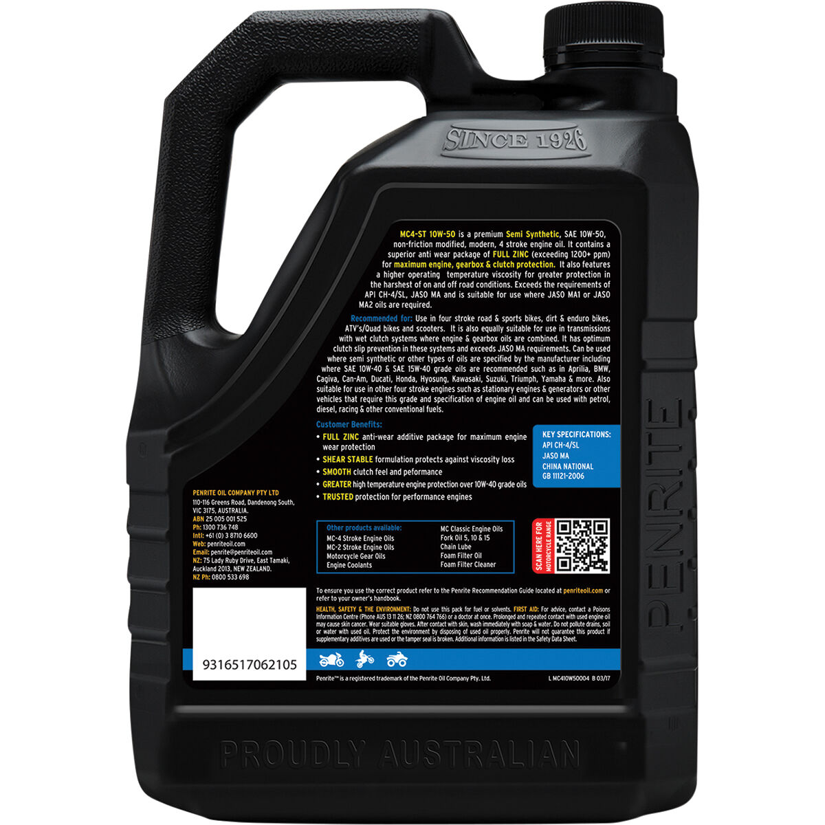 Penrite MC-4 Semi Synthetic Motorcycle Oil - 10W-50, 4 Litre, , scaau_hi-res