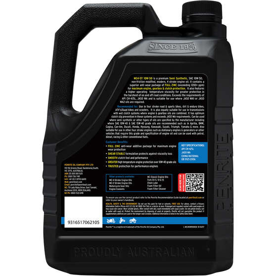 Penrite MC-4 Semi Synthetic Motorcycle Oil - 10W-50, 4 Litre, , scaau_hi-res