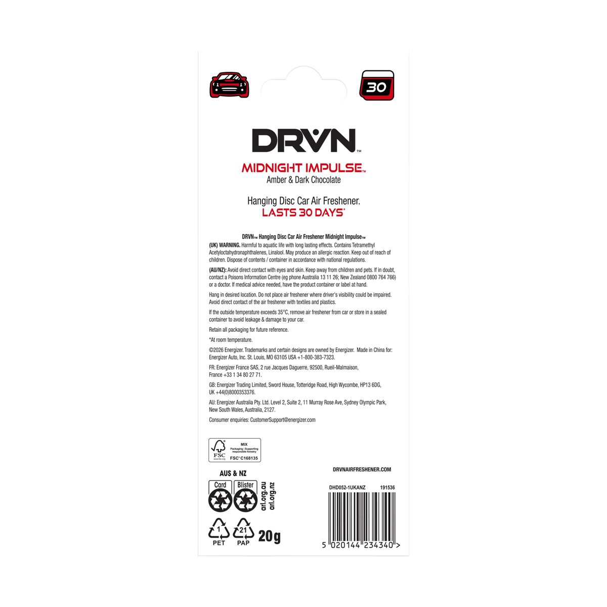 DRVN Midnight Impulse Hanging Air Freshener - 1 Pack, , scaau_hi-res