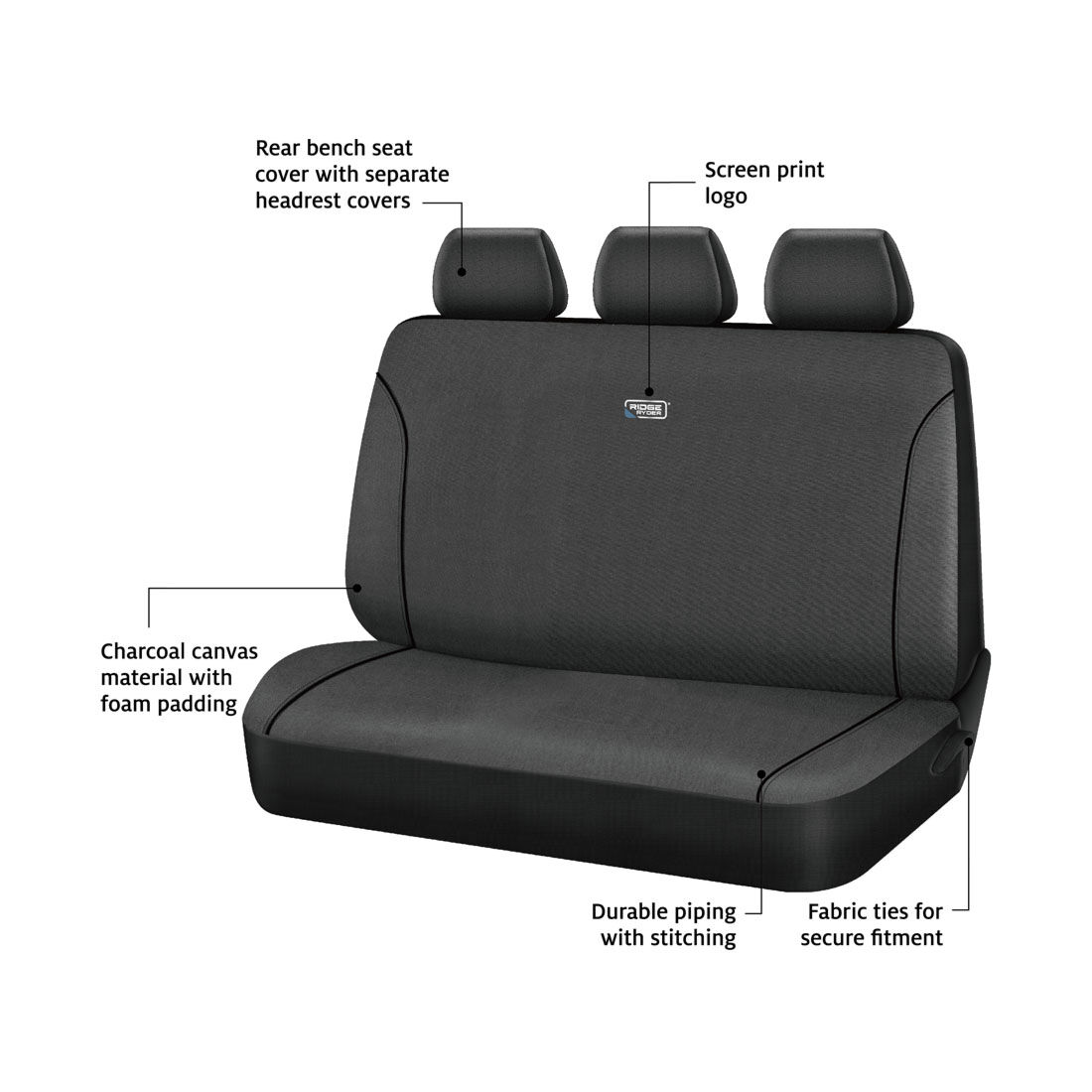 Ridge Ryder Canvas Seat Cover Charcoal/Black Piping Adjustable Headrests Rear Seat 06H, , scaau_hi-res