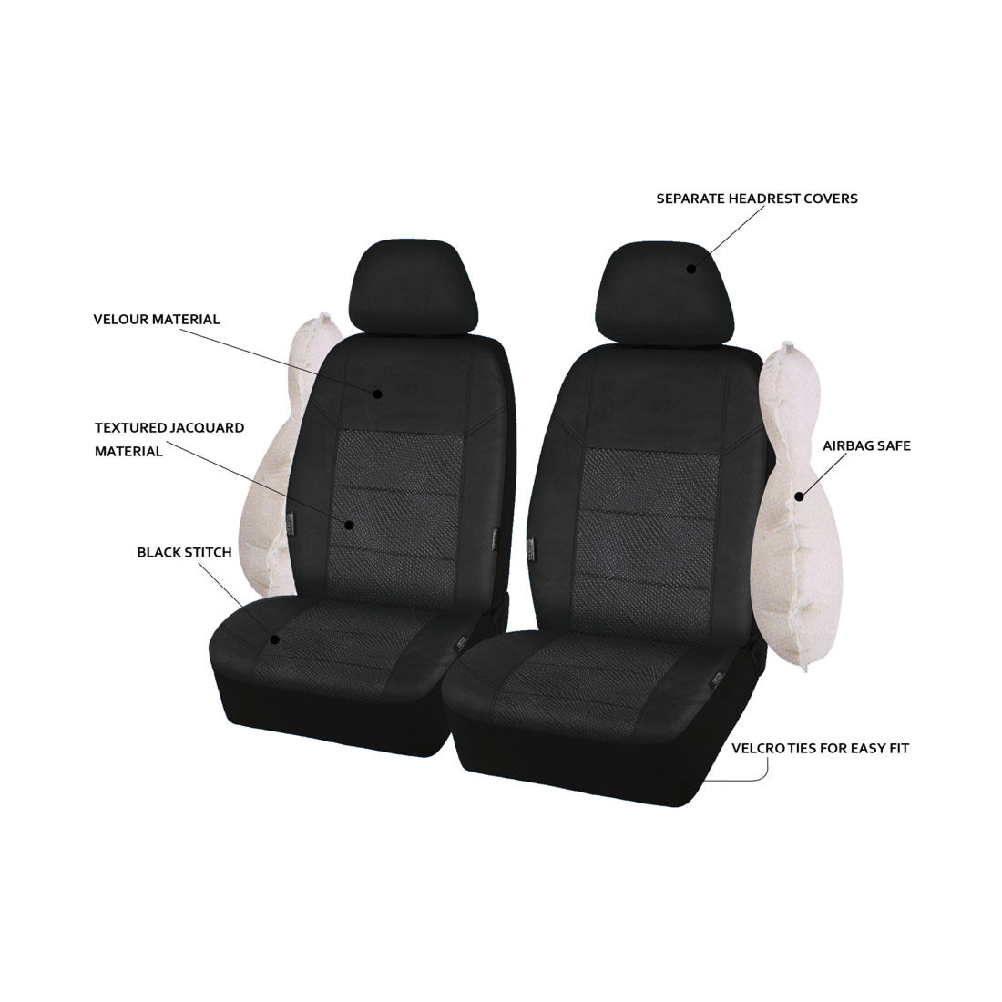 SCA Premium Jacquard and Velour Seat Covers Black Adjustable Headrests Airbag Compatible 30SAB, , scaau_hi-res