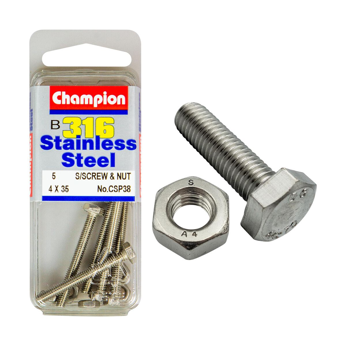 Champion Hex Set Screws & Nuts Stainless Steel M4x35mm & M4x0.7mm 316/A4, , scaau_hi-res