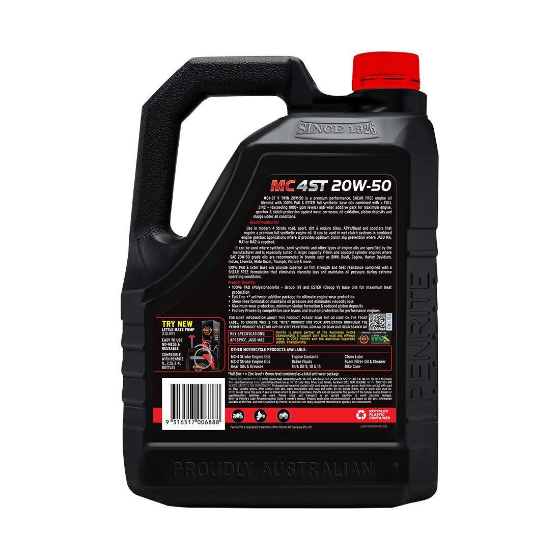 Penrite MC-4 V Twin Motorcycle Oil - 20W-50, 4 Litre, , scaau_hi-res