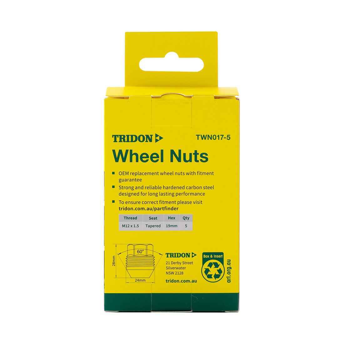 Tridon Wheel Nuts M12x1.5. Tapered Seat. Open Ended Nut. 19mm Hex. External Thread, , scaau_hi-res