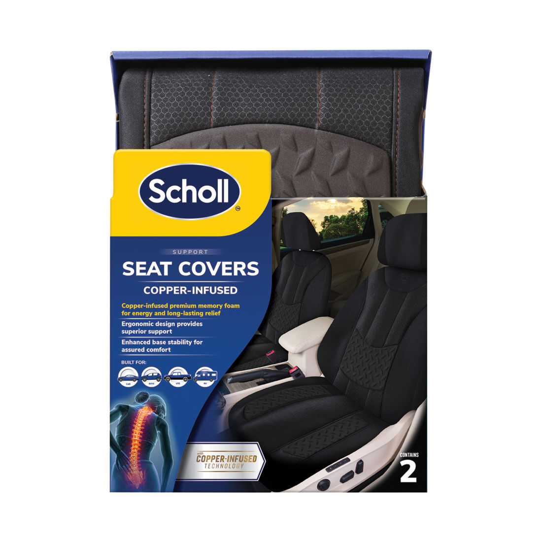 Scholl Copper Infused Memory Foam Seat Cover Black/Orange Adjustable Headrest Airbag Compatible, , scaau_hi-res