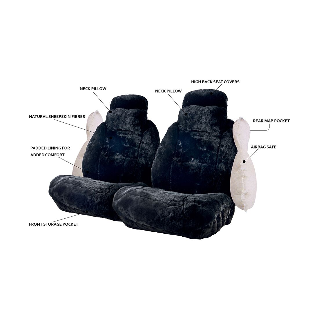 Platinum CLOUDLUX Sheepskin Seat Covers Black Built in Headrests Size 60 Front Pair Airbag Compatible Supercheap Auto