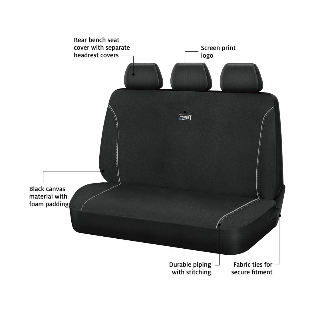Ridge Ryder Canvas Seat Cover Black/Grey Piping Adjustable Headrests Rear Seat 06H, , scaau_hi-res