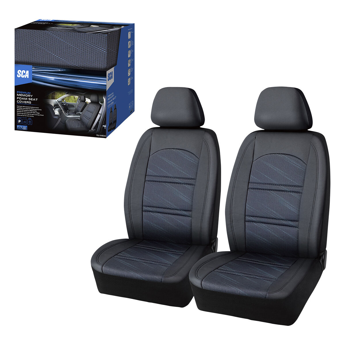 SCA Memory Foam Jacquard & Leather Look Seat Covers Black/Blue Adjustable Headrests Airbag Compatible, , scaau_hi-res