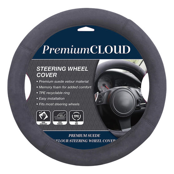 Premium Cloud Suede Steering Wheel Cover - Charcoal 380mm diameter, , scaau_hi-res