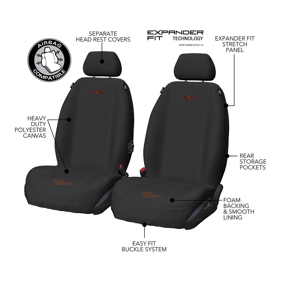R.M.Williams Tan Poly Canvas Seat Covers, Black/Tan, Adjustable Headrests, Airbag Compatible, , scaau_hi-res