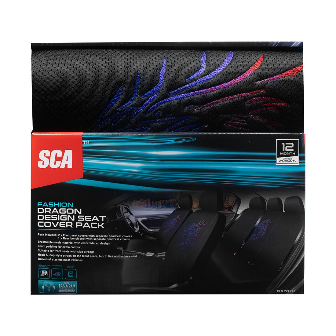 SCA Dragon Seat Cover Pack Red/Black Adjustable Headrests Airbag Compatible 30&06H SAB, , scaau_hi-res