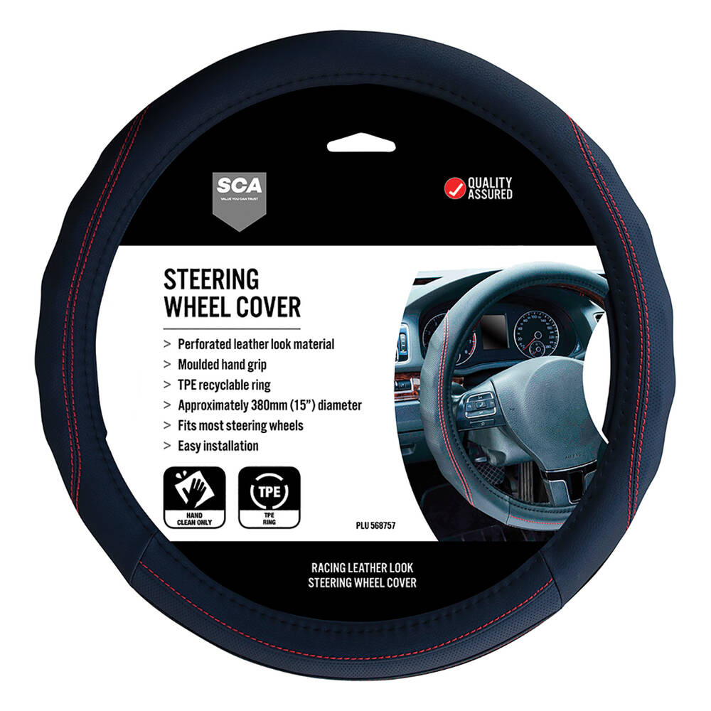 SCA Steering Wheel Cover - PU Racing, Black/Red, 380mm diameter product image