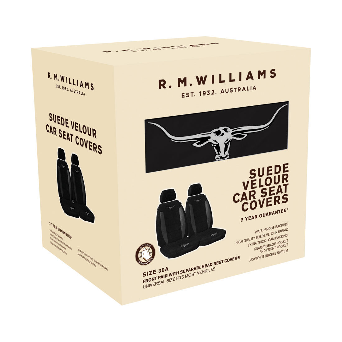 R.M.Williams Suede Velour Seat Covers Black Adjustable Headrests Size 30 Front Pair Airbag Compatible, , scaau_hi-res