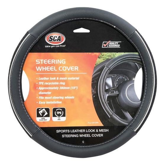 SCA Steering Wheel Cover - PU and Mesh, Black/Grey, 380mm diameter, , scaau_hi-res