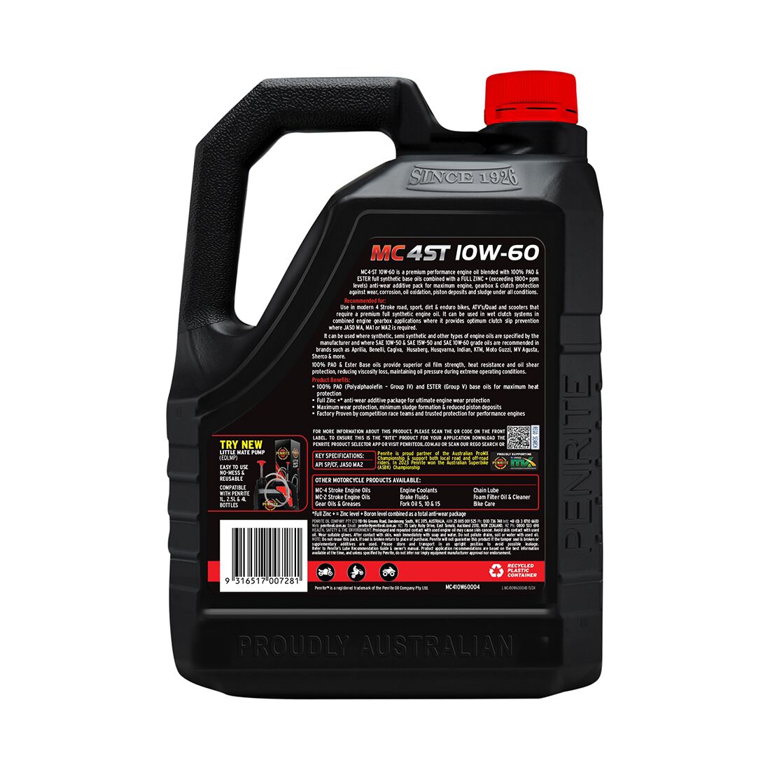 Penrite MC-4 Synthetic Motorcycle Oil - 10W-60 , 4 Litre, , scaau_hi-res