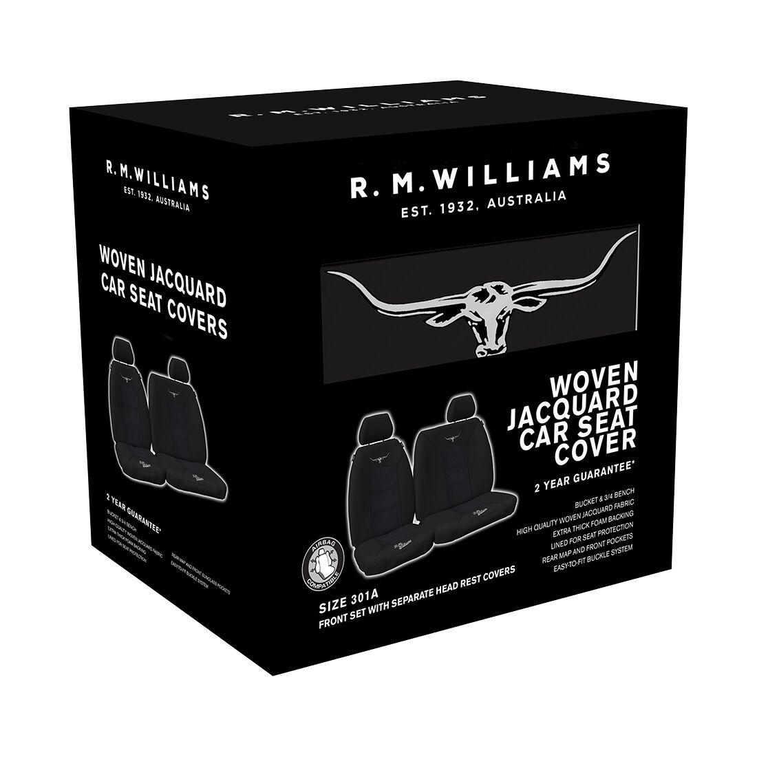 R.M.Williams Woven Seat Covers Black/Grey Adjustable Headrests Size 301 Front Bucket and Bench (W/Out Cut Out) Air Bag Compatible, , scaau_hi-res