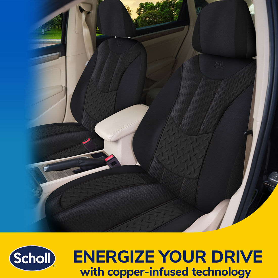 Scholl Copper Infused Memory Foam Seat Cover Black/Orange Adjustable Headrest Airbag Compatible, , scaau_hi-res