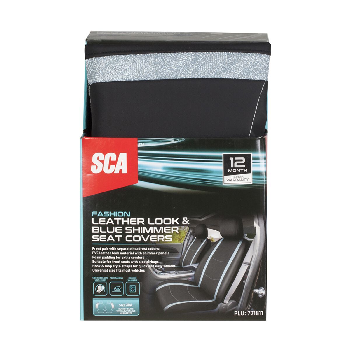 SCA Seat Cover Blue Shimmer Leather Look, Adjustable Headrests, Airbag Compatible, Size 30A, , scaau_hi-res