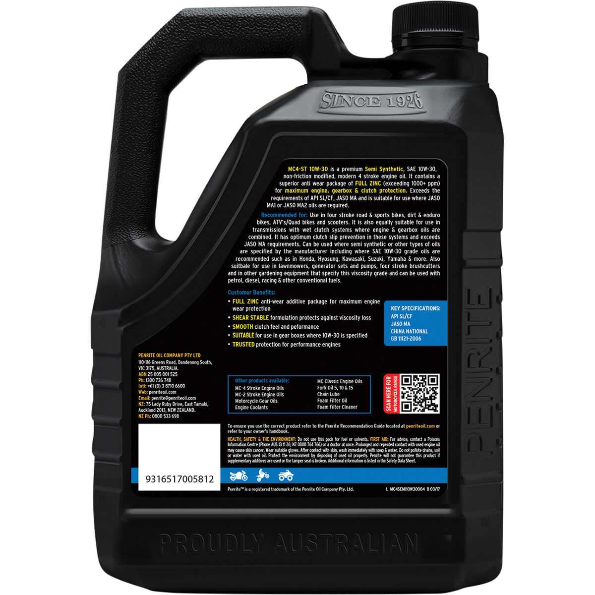Penrite MC-4 Semi Synthetic Motorcycle Oil - 10W-30, 4 Litre, , scaau_hi-res