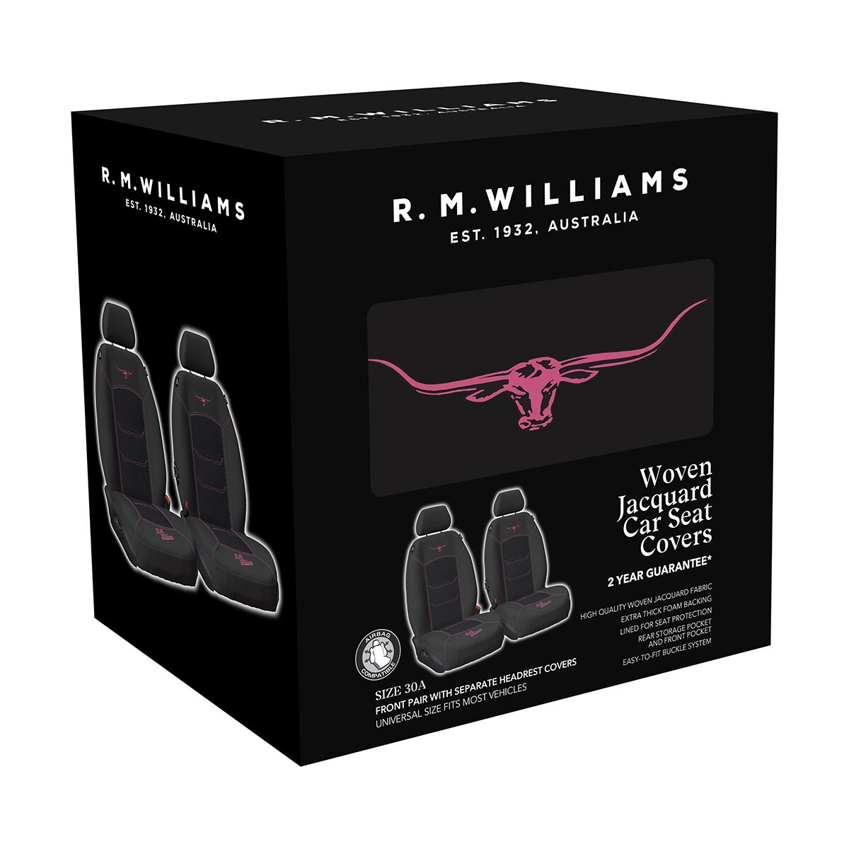 R.M.Williams Jacquard Seat Covers Front Pair Black/Pink Size 30, , scaau_hi-res
