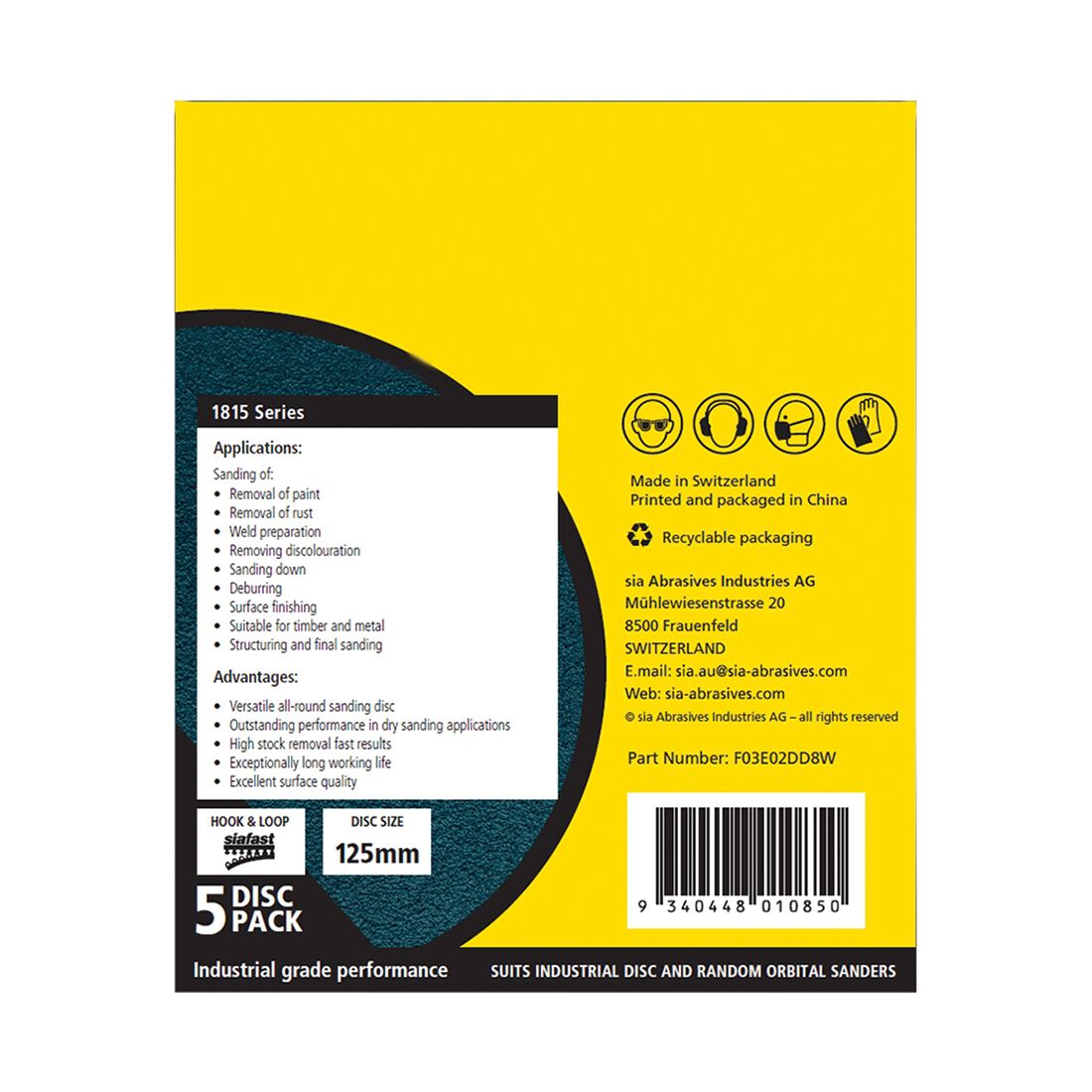 SIA Abrasives 125mm Heavy Duty Sanding Disc, 1815 Series, No Hole, Mixed Grit, 5 Pack, , scaau_hi-res