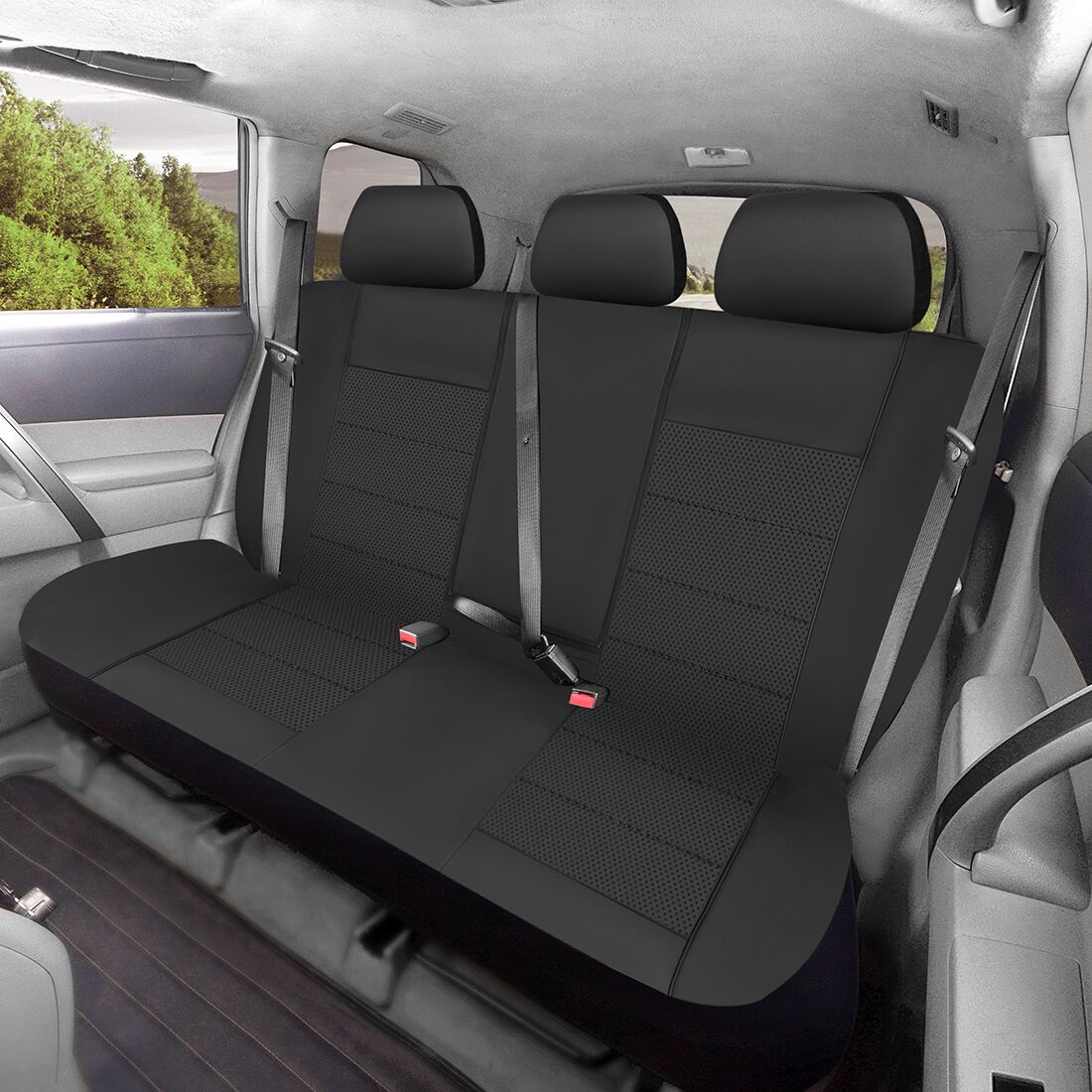 SCA Leather Look Seat Covers Black Adjustable Headrests Rear Bench 06H, , scaau_hi-res