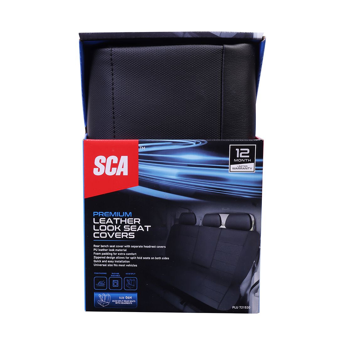 SCA Leather Look Seat Covers Black Adjustable Headrests Rear Bench 06H, , scaau_hi-res