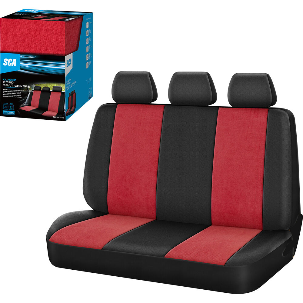 SCA Cord Seat Covers Red/Black Adjustable Headrests Rear Bench