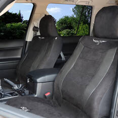R.M.Williams Suede Velour Seat Covers Black Adjustable Headrests Size 30 Front Pair Airbag Compatible, , scaau_hi-res