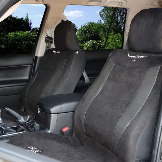 R.M.Williams Suede Velour Seat Covers Black Adjustable Headrests Size 30 Front Pair Airbag Compatible, , scaau_hi-res