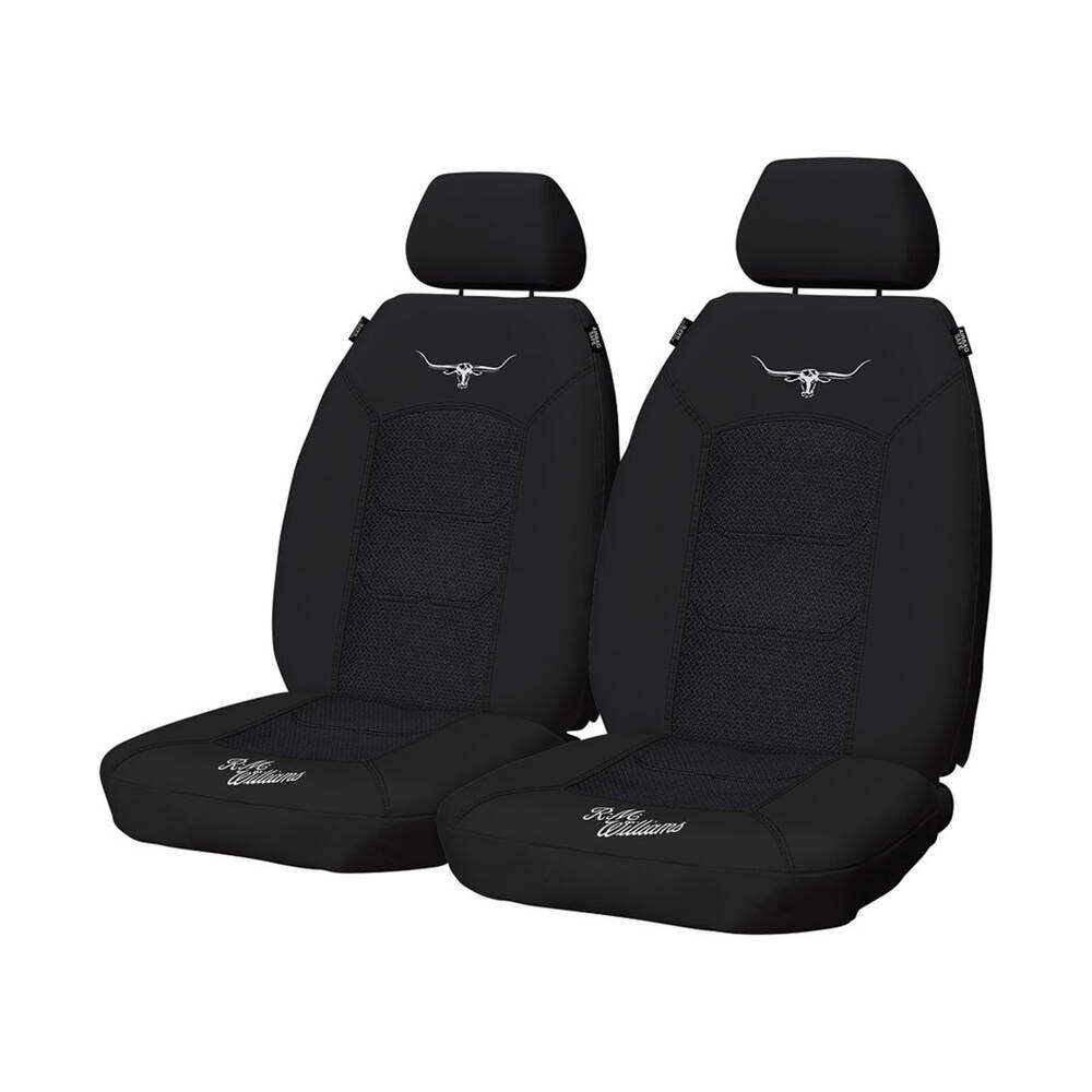 R.M.Williams Woven Seat Covers Black Adjustable Headrests Size 30 Front Pair Airbag Compatible