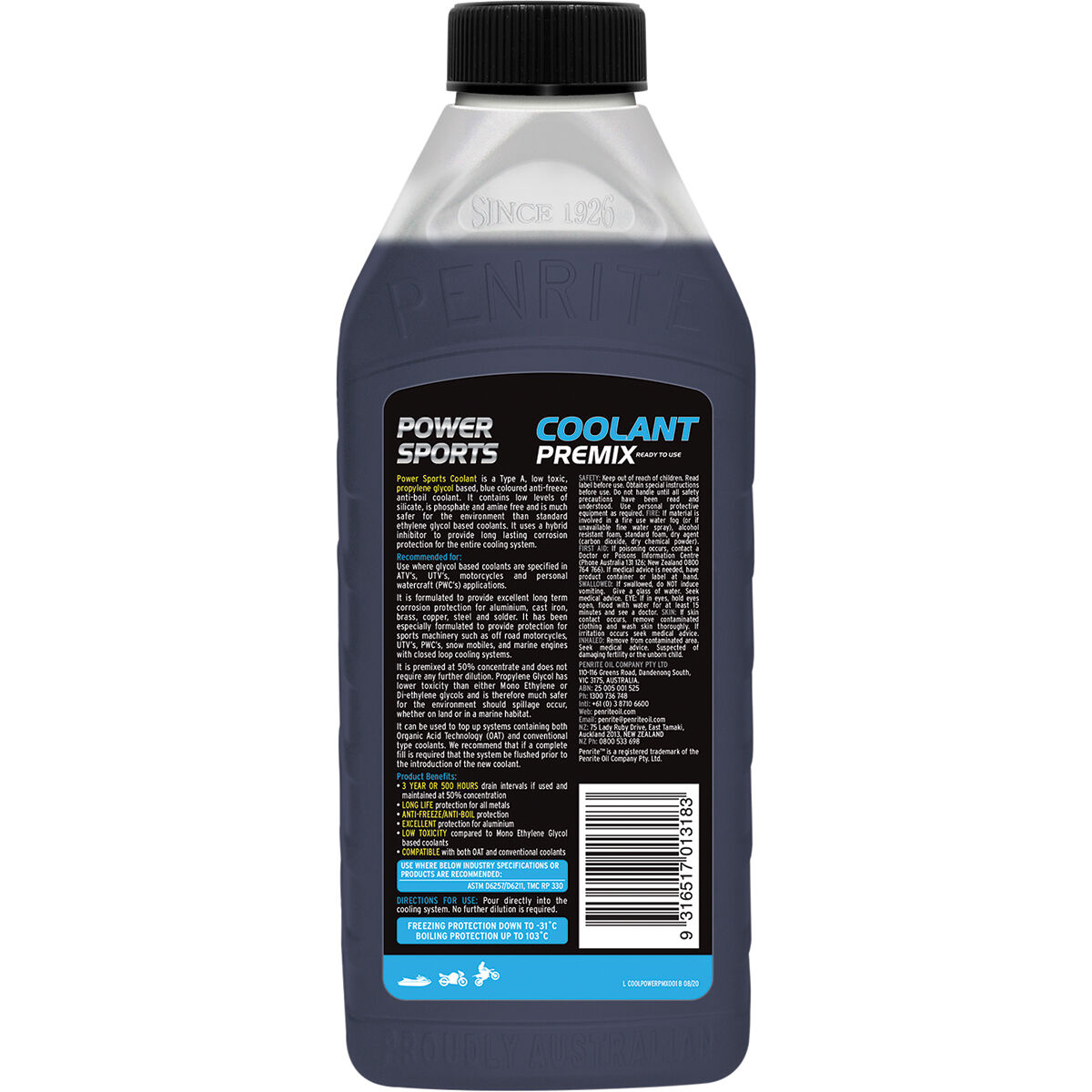 Penrite 10 Tenths Power Sports Coolant Premix 1 Litre, , scaau_hi-res